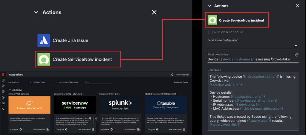 Automate remediation workflows through Sevco's Action Center.